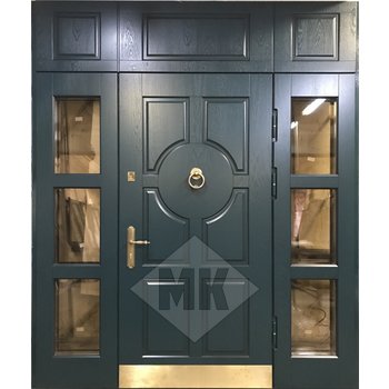 элитная металлическая дверь с отделкой массив дерева и боковыми вставками со стеклом